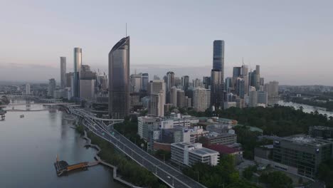 Cinematic-Drone-flying-past-Brisbane-City-looking-towards-Southbank
