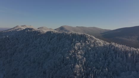 View-Of-Trees-And-Mountains-With-Snow-In-Southern-Quebec,-Canada---aerial-drone-shot