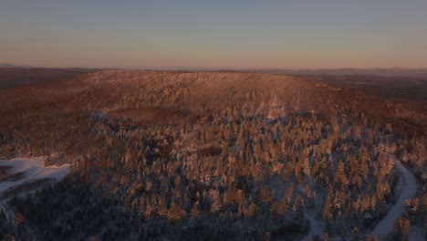 Panoramic-View-Of-Thicket-Woods-In-Wintertime-During-Sunset-In-Southern-Quebec,-Canada