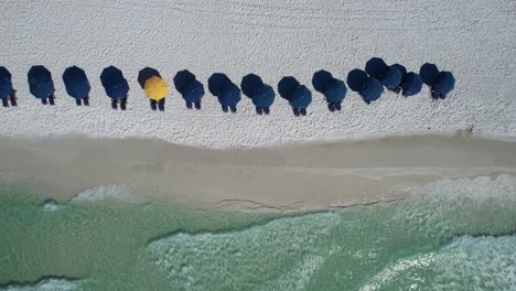 Blaue-Sonnenschirme-Am-Strand-Von-Destin,-Golfküste,-Panhandle,-Florida,-Weißer-Sandstrand,-Klares,-Smaragdgrünes-Wasser,-Fliegen-Mit-Drohnenluftaufnahme,-Heller,-Sonniger-Tag