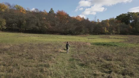 Ein-Kleiner-Junge-Und-Sein-Hundefreund-Gehen-Auf-Einer-Herbstwiese-Spazieren