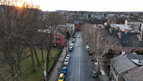 Aerial-of-small-USA-town-during-winter-sunrise
