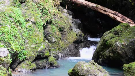 Narrow-turquoise-creek-flowing-in-between-large-mossy-rocks-in-central-American-rainforest