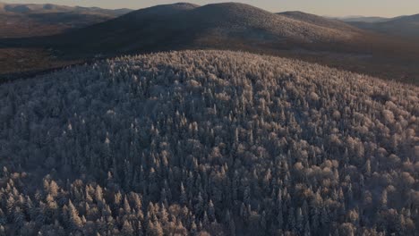 Verschneite-üppige-Bäume-über-Bergen-Im-Winter-Bei-Sonnenuntergang-Im-Süden-Von-Quebec,-Kanada