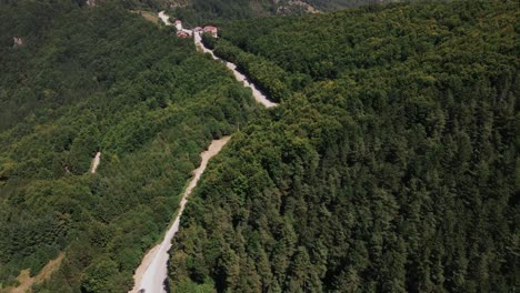 Aerial-view-of-narrow-road-passing-through-pine-green-natural-forest-in-tara-serbian-national-park