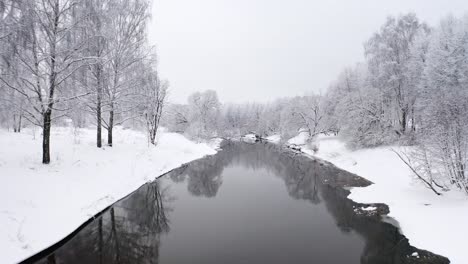 Winterlandschaft-Mit-Ungefrorenem-Fluss-Und-Schneebedeckter-Küste-Und-Wäldern