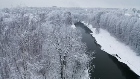 Aerial-View-–-Winter-Landscape-With-Snowy-Trees,-Snowdrifts-And-Flowing-River