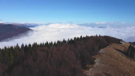 Pedestal-drone-shot-revealing-the-sea-of-clouds-from-behind-a-forest-covered-mountain-ridge