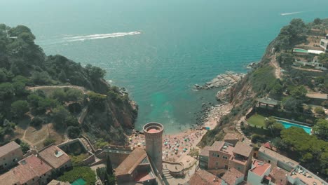 Aerial-view-of-beautiful-beach-in-Tossa-de-Mar,-Costa-Brava,-Spain
