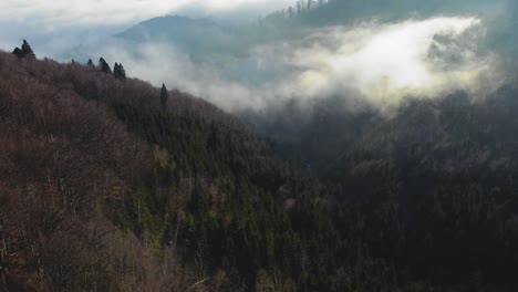 Waldbedecktes-Bergtal-Mit-Etwas-Nebel
