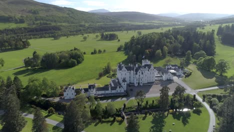 Aerial-orbital-shot-of-Blair-Castle-in-Blair-Atholl,-Scotland
