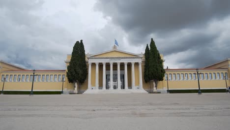 Academy-of-Athens,-and-the-National-Library-of-Athens,-Greece-in-a-cloudy-day