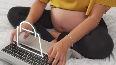Schwangere-Frau-Kauft-Online-Mit-Laptop-Und-Virtueller-Einkaufstasche-Ein