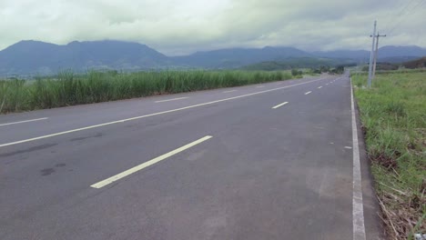 A-stationary-shot-of-an-empty-road,-surrounded-by-tall-grass