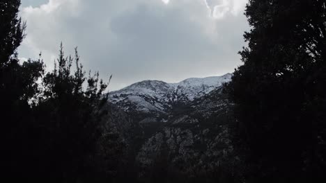 Astonishing-mountain-landscape-scenery,-snowy-peak-view-behind-trees,-static,-Sardinia,-day