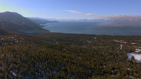 Sobrevolar-Los-Abetos-Douglas-Y-Hacia-El-Lago-Tahoe-En-Nevada-En-Un-Hermoso-Día-De-Invierno