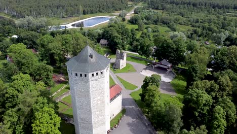 Aerial-of-Paide-Ordulinnus-and-Vallitorn---a-historical-tower-in-Estonia