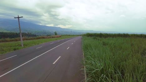 A-jib-shot-of-an-empty-road,-surrounded-by-tall-grass