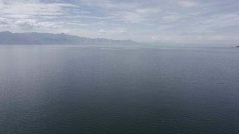 Video-with-a-drone-over-Lake-Skadar-in-Albania,-descriptive-frontal-plane-ascending-from-the-water-to-reach-height,-with-the-horizon-of-the-mountains-of-Montenegro