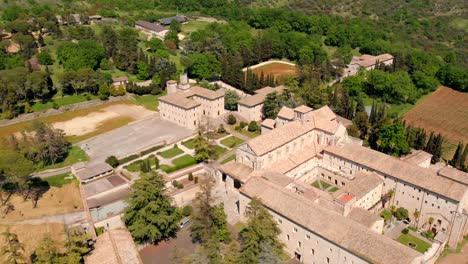 Aerial-view-slowly-til-of-Abbey-of-Casamari-from-drone-,-Frosinone-,Lazio,Italy