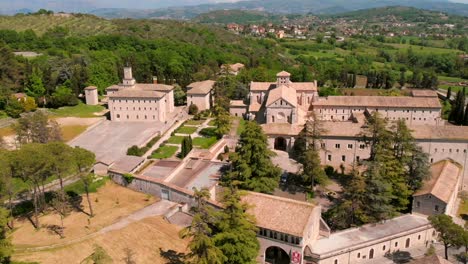 Aerial-view-Pull-back-of-Abbey-of-Casamari-from-drone-,-Frosinone-,Lazio,Italy