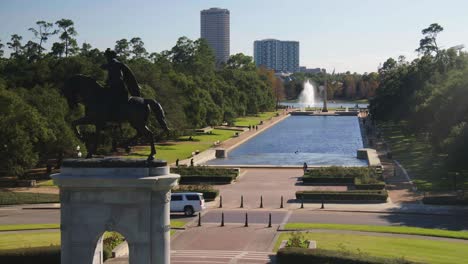 Aerial-of-city-of-Houston-Hermann-Park-and-Sam-Houston-statue