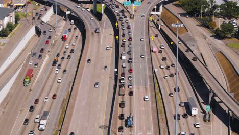 Drone-view-of-cars-on-59-heading-North-near-downtown-Houston