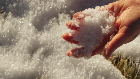 Woman-hand-holding-snow-showing-snowflakes-in-the-sun-showing-a-frozen-winter-landscape-slow-motion-4K