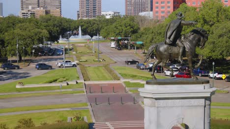 Aerial-of-city-of-Houston-Hermann-Park-and-Sam-Houston-statue