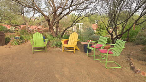 Colorful-garden-chairs-in-local-community-garden-park