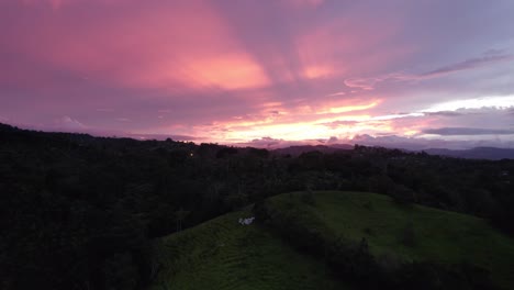Aerial-dolly-in-flying-over-a-herd-of-cows-grazing-in-green-forest-hill-on-a-colorful-sunset-in-Costa-Rica