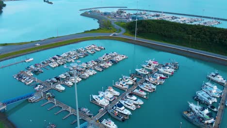 4K-Drone-Video-of-Commercial-Fishing-Vessels-in-Valdez-Boat-Harbor-in-Valdez,-Alaska-during-Sunny-Summer-Day