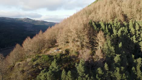 Aerial-drone-footage-rising-above-a-cliff-revealing-people-looking-out-from-a-mountain-crag-covered-in-forest,-a-valley,-Scots-pine-and-larch-trees