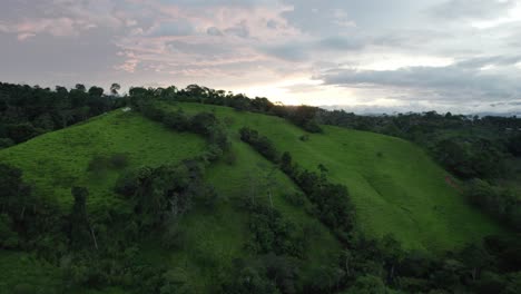Aerial-dolly-in-flying-over-green-grass-hills-and-dense-woodland-on-a-cloudy-sunset-in-Costa-Rica