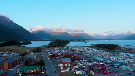 4K-Drone-Video-of-Boats-and-Ships-in-Port-Valdez-in-Valdez,-AK-during-Sunny-Summer-Day