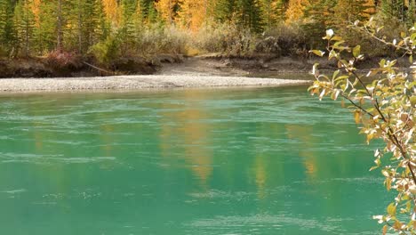 Panning-from-the-Bow-River-to-mountain-peaks-in-Canmore,-Alberta