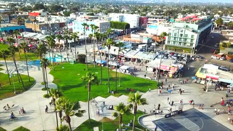 Flying-drone-over-Sunny-day-in-Venice-beach-California-palm-trees,-skate-park,-bikes,-city-and-people