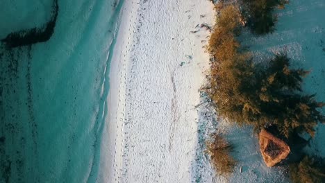 Soft-bird's-eye-view-top-view-slowly-forwards-drone-shot-at-dream-beach-with-a-hut