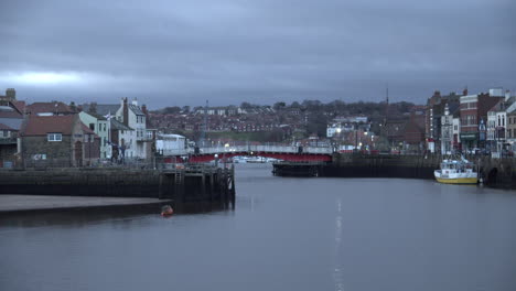 Whitby-Harbour-Swingbridge,-North-York-Moors,-Static-Shot,-early-morning-sunshine-North-Yorkshire-Heritage-Coast,-Yachts-and-Abbey-BMPCC-4K-Prores-422-Clip-19