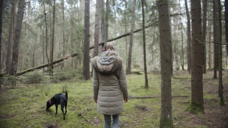 SLOW-MOTION:-Woman-walks-her-dog-in-the-woods