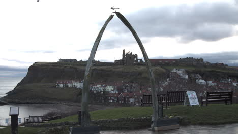 Whitby,-North-York-Moors,-Whalebones-Static-Shot,-early-morning-sunshine-North-Yorkshire-Heritage-Coast,-Yachts-and-Abbey-BMPCC-4K-Prores-422-Clip-17