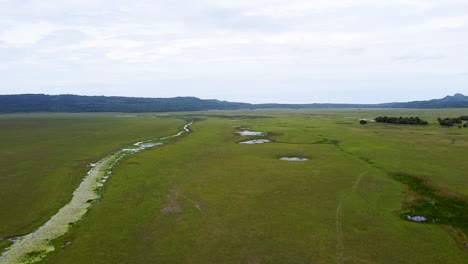 Expansive-vast-wide-open-green-plain-landscape-with-stream-river-waterway-and-mountains-in-the-background,-remote-wilderness-of-wetlands-habitat,-aerial-drone-rising
