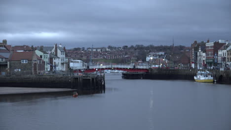 Whitby-Swing-Bridge,-North-York-Moors,-Static-Shot,-early-morning-sunshine-North-Yorkshire-Heritage-Coast,-Yachts-and-Abbey-BMPCC-4K-Prores-422-Clip-19