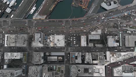 Top-down-aerial-of-Seattle's-industrial-district-showing-where-boats-come-to-offload-their-cargo