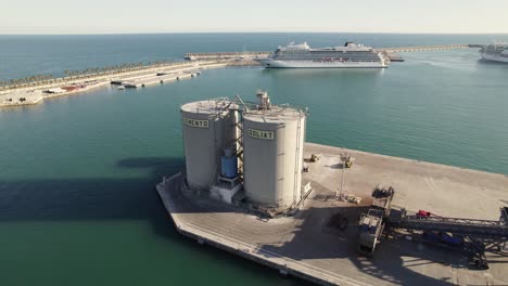 Cement-silos,-bulk-storage-at-the-Malaga-Port,-Andalusia,-Spain