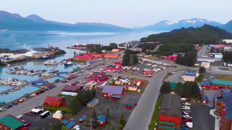 4K-Drone-Video-of-Boats-and-Ships-in-Valdez-Commercial-Boat-Harbor-in-Valdez,-AK-during-Sunny-Summer-Day