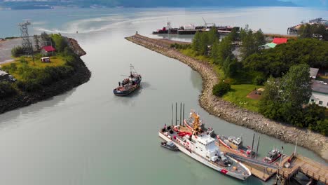 4K-Drone-Video-of-US-Coast-Guard-Cutter-in-Valdez-Boat-Harbor-in-Valdez,-Alaska-during-Sunny-Summer-Day