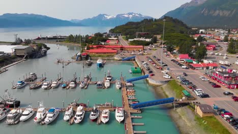 4K-Drone-Video-of-Fishing-Boats-in-Valdez-Harbor-in-Valdez,-Alaska-during-Sunny-Summer-Day