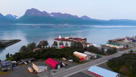 4K-Drone-Video-of-Commercial-Oil-Barge-in-Valdez,-Alaska-during-Sunny-Summer-Day