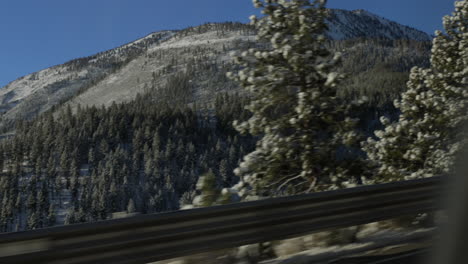 Guardrail-on-side-of-road-passes-by-as-camera-tilts-up-to-mountain-peak-in-Lake-Tahoe-as-Douglas-Fir-trees-pass-by-in-foreground